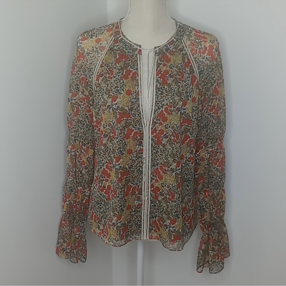 ALEXIS “Samera” Floral Print Sheer Peasant Top Blouse Tassel Tie GMA Hoda Large - Picture 3 of 14